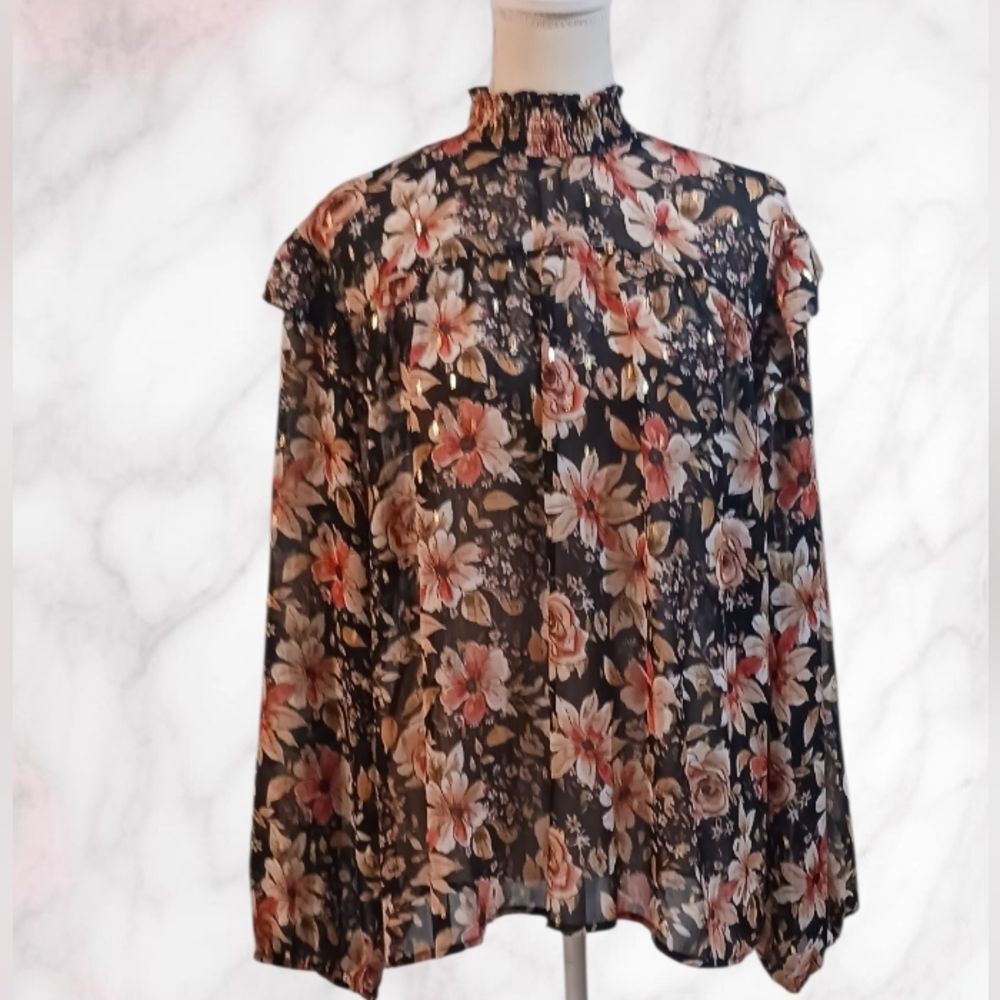 Maurices Black Floral Blouse Cottagecore Smocked-Neck Long Sleeve Loose Fit XL